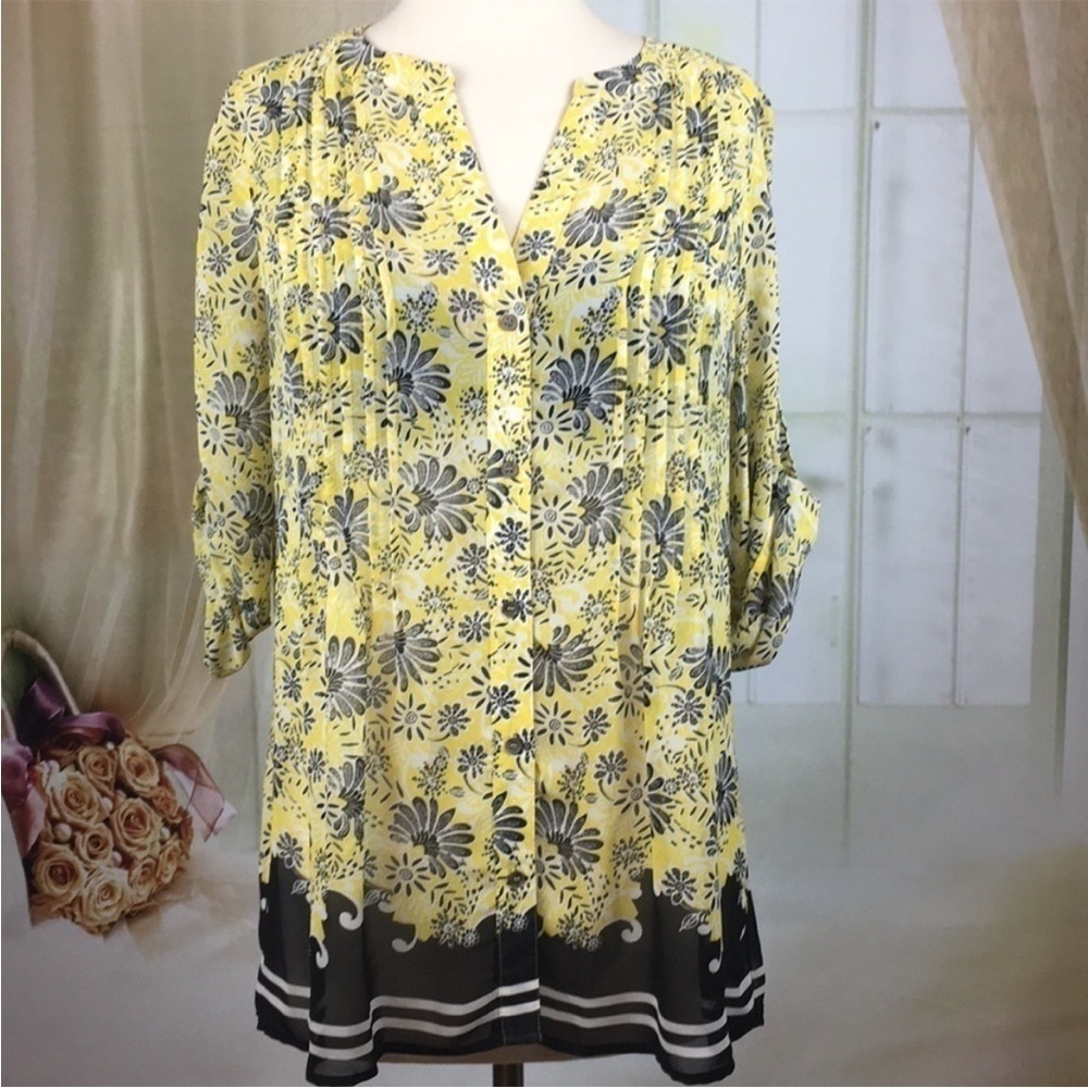 CHAUS Yellow Black Floral Blouse S